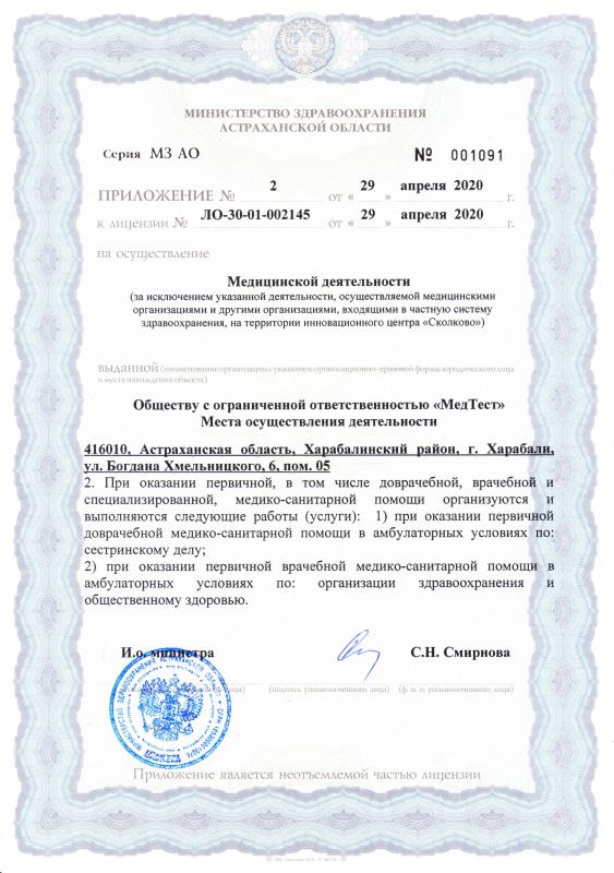 Лицензия на осуществление медицинской деятельности ЛО-30-01-002145 приложение 2